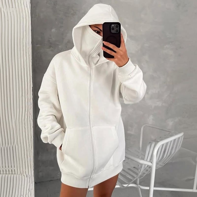 Unisex Solid Color Zipper Double Layer Hat Hoodie - image 2