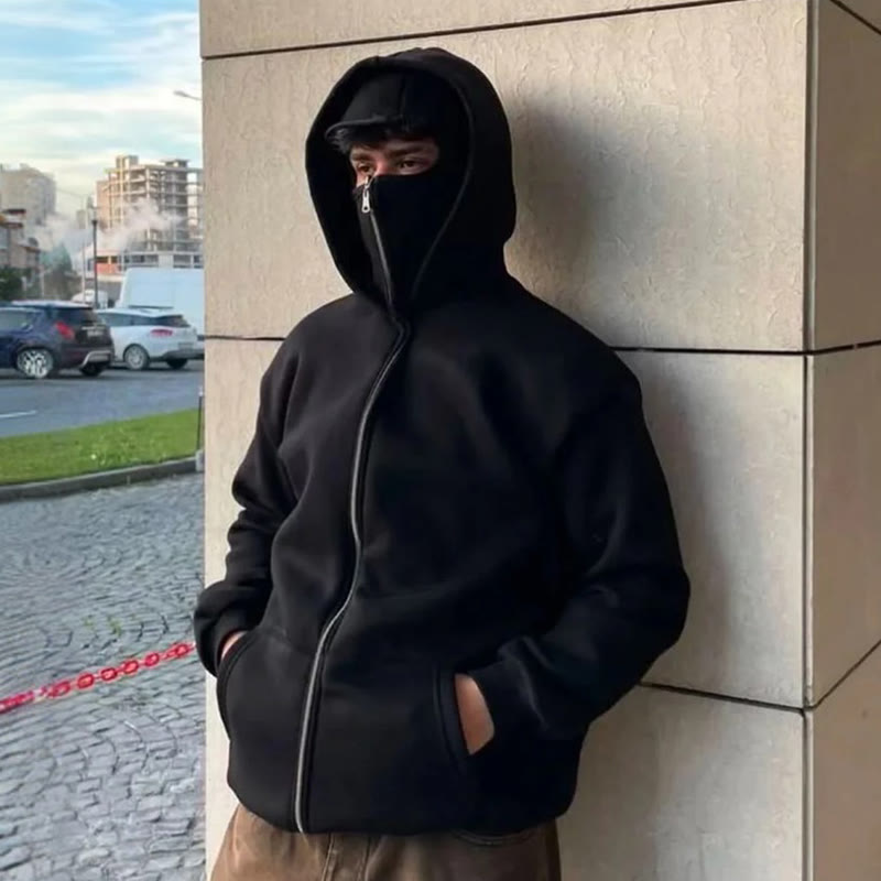 Unisex Solid Color Zipper Double Layer Hat Hoodie - image 1