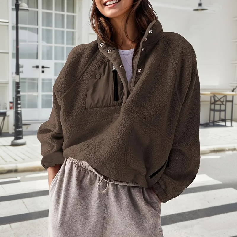 Stand Collar Furry Patchwork Pocket Sweatshirt - Coffee - 3XL - image 1