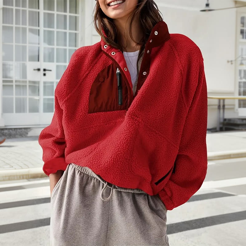 Stand Collar Furry Patchwork Pocket Sweatshirt - Red - 3XL - image 3