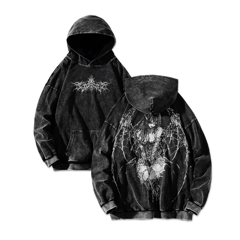 Unisex Skull Wings Angel Printed Washed Hoodie  - Black - US16-18(2XL) - image 2