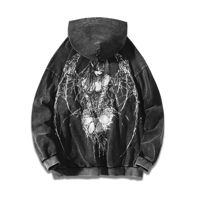 Unisex Skull Wings Angel Printed Washed Hoodie  - image 1