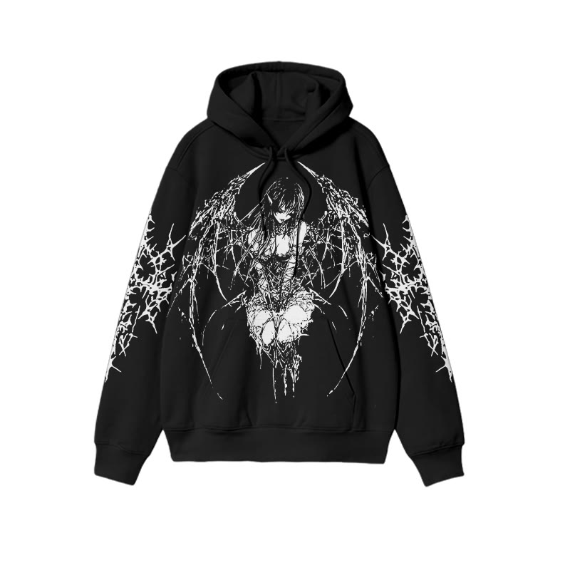 Unisex Skull Wings Angel Print Hoodie - Black - US16-18(2XL) - image 1