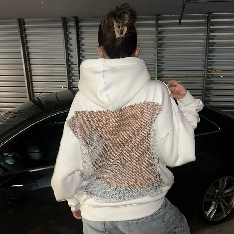 Solid Color Hollow Mesh Splicing Long-sleeved Hoodie - White - US16-18(2XL) - image 2