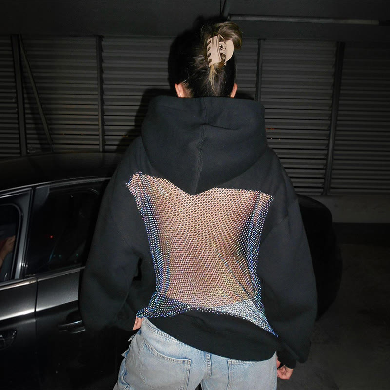 Solid Color Hollow Mesh Splicing Long-sleeved Hoodie - Black - US16-18(2XL) - image 1