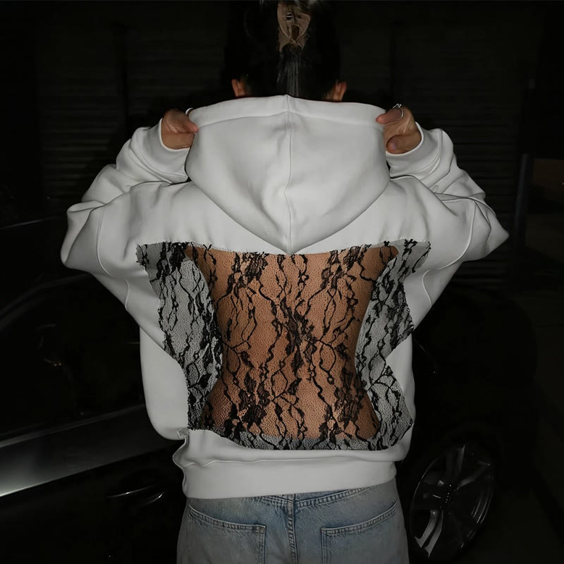 Solid Color Hollow Lace Splicing Long-sleeved Hoodie - White - US16-18(2XL) - image 2
