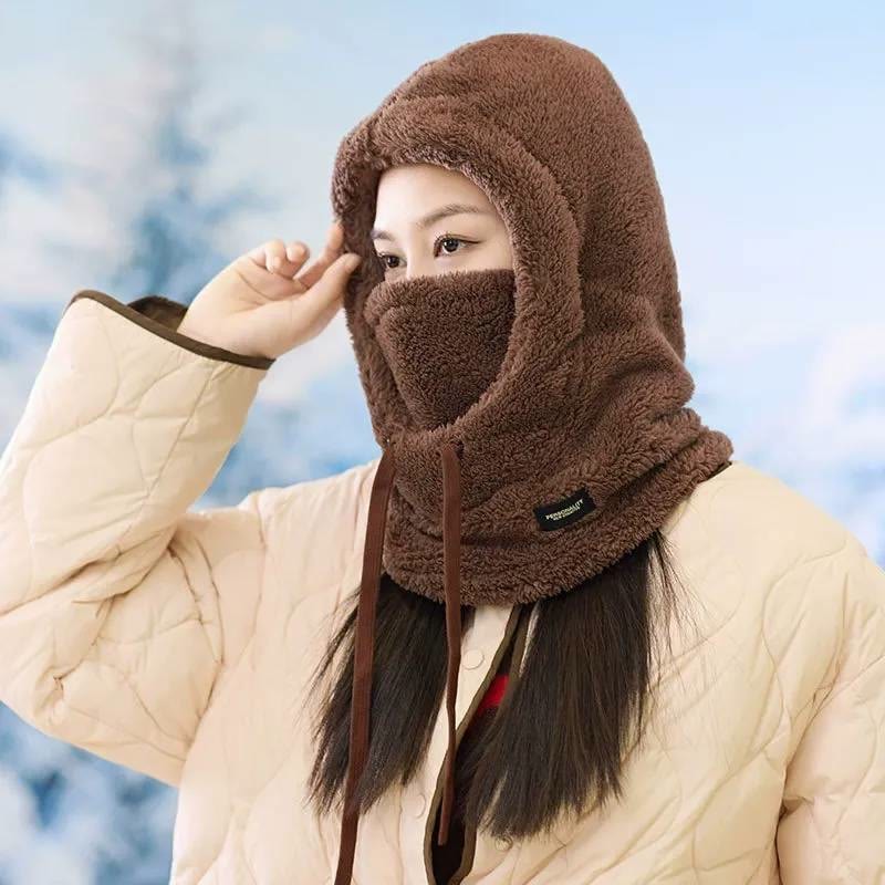 Fuzzy Thermal Drawstring Windproof Full-face Pullover Hood - Coffee - one size - image 1