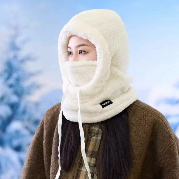 Fuzzy Thermal Drawstring Windproof Full-face Pullover Hood - Beige - one size - image 3