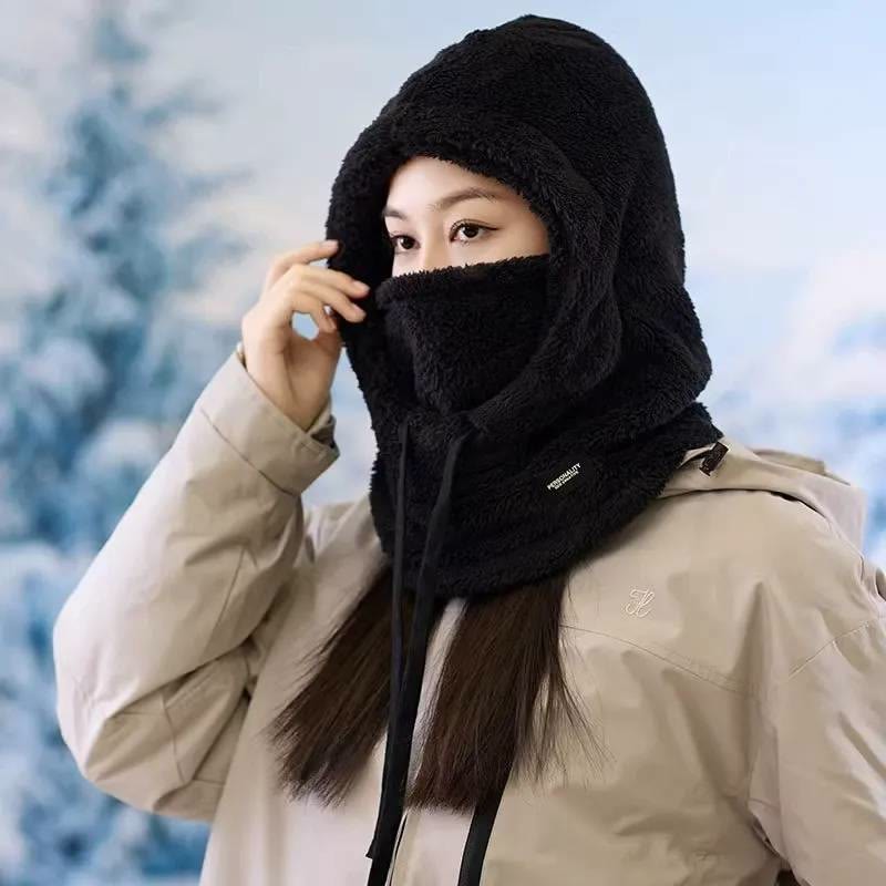Fuzzy Thermal Drawstring Windproof Full-face Pullover Hood - Black - one size - image 2