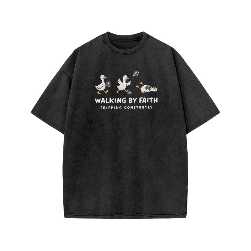 Unisex Walking By Faith Tripping Constantly Bible Print Acid Washed T-shirt - Black - US20-22(3XL) - image 2