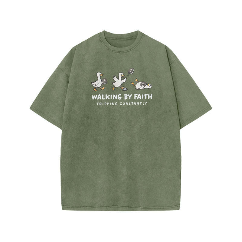 Unisex Walking By Faith Tripping Constantly Bible Print Acid Washed T-shirt - Army Green - US20-22(3XL) - image 1