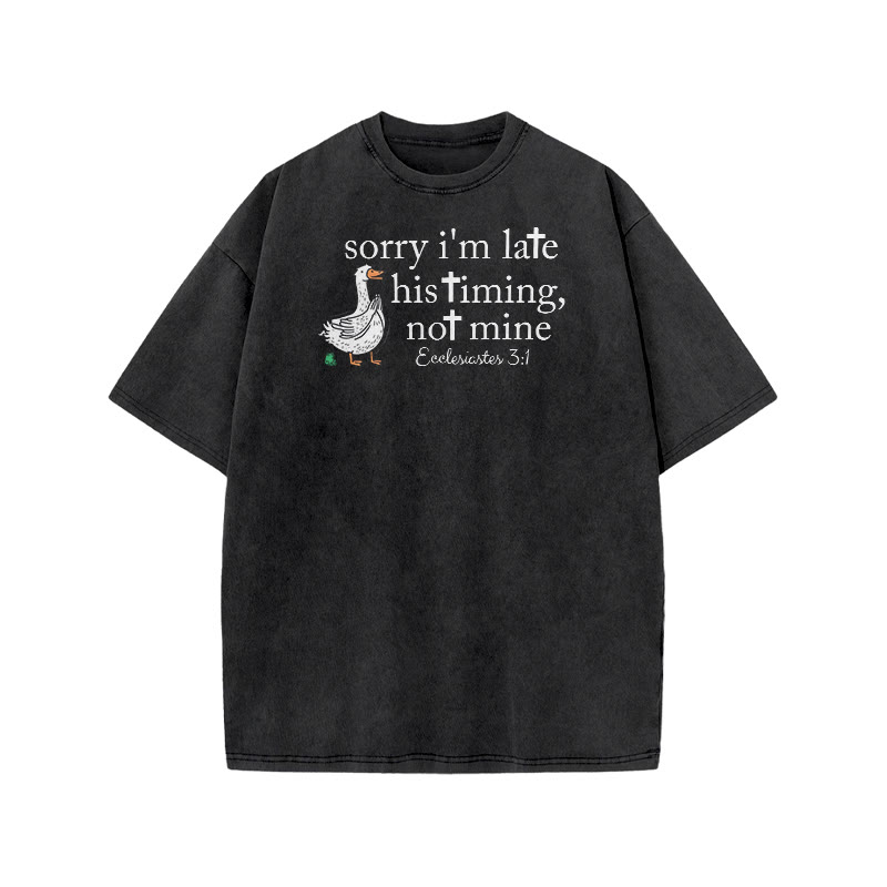 Unisex Sorry I'm Late, His Timing, Not Mine Ecclesiastes 3:1 Print Acid Washed T-shirt - Black - US20-22(3XL) - image 2
