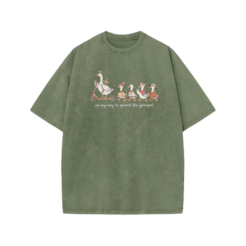 Unisex On My Way To Spread The Goosepel Print Acid Washed T-shirt - Army Green - US20-22(3XL) - image 1