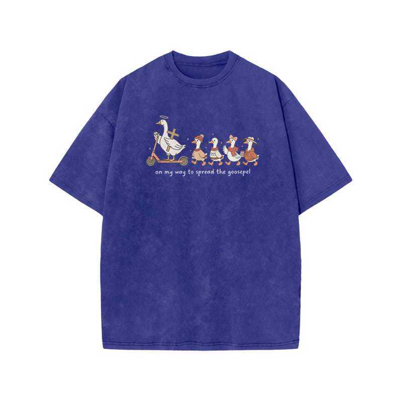 Unisex On My Way To Spread The Goosepel Print Acid Washed T-shirt - Blue - US20-22(3XL) - image 6