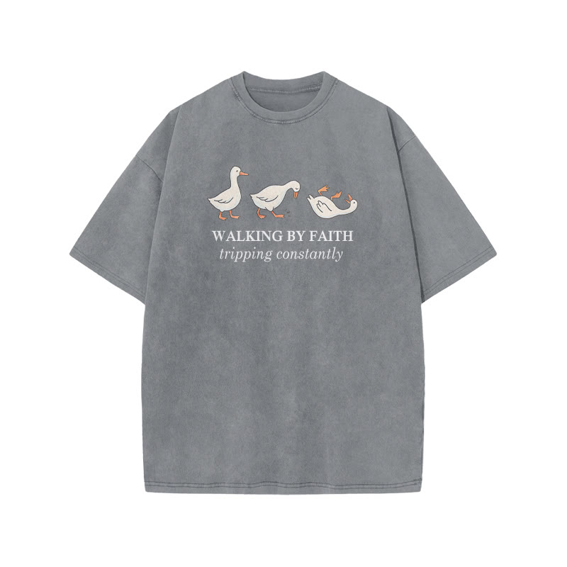 Unisex Walking By Faith Tripping Constantly Print Acid Washed T-shirt - Grey - US20-22(3XL) - image 3