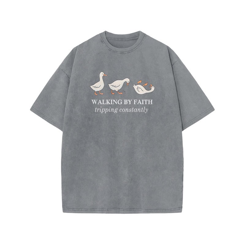 Unisex Walking By Faith Tripping Constantly Print Acid Washed T-shirt - Grey - US20-22(3XL) - image 3