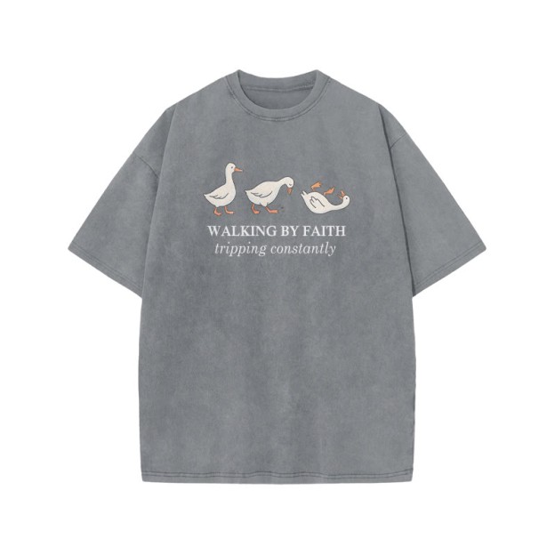 Unisex Walking By Faith Tripping Constantly Print Acid Washed T-shirt - Grey - US20-22(3XL) - image 3