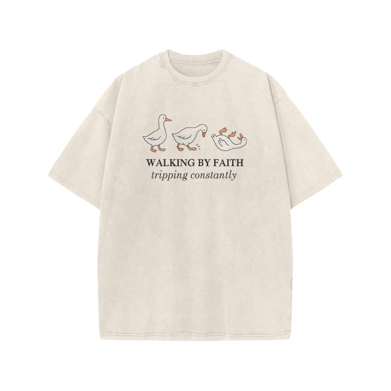 Unisex Walking By Faith Tripping Constantly Print Acid Washed T-shirt - Beige - US20-22(3XL) - image 2