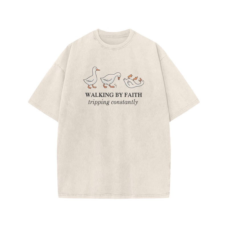 Unisex Walking By Faith Tripping Constantly Print Acid Washed T-shirt - Beige - US20-22(3XL) - image 2