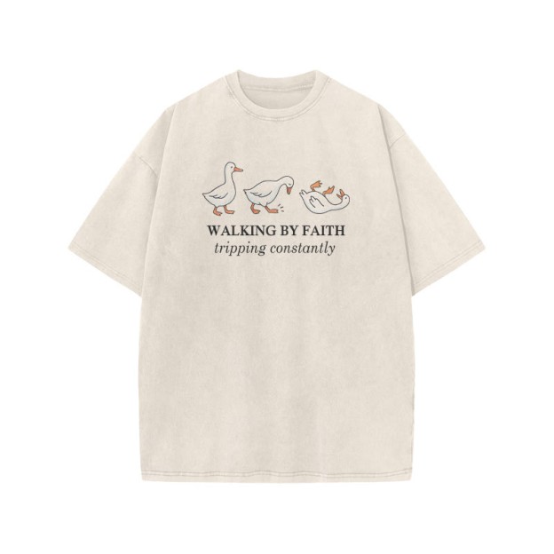 Unisex Walking By Faith Tripping Constantly Print Acid Washed T-shirt - Beige - US20-22(3XL) - image 2