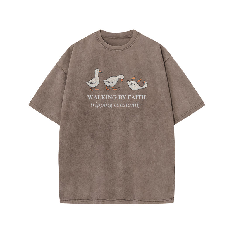 Unisex Walking By Faith Tripping Constantly Print Acid Washed T-shirt - Coffee - US20-22(3XL) - image 5