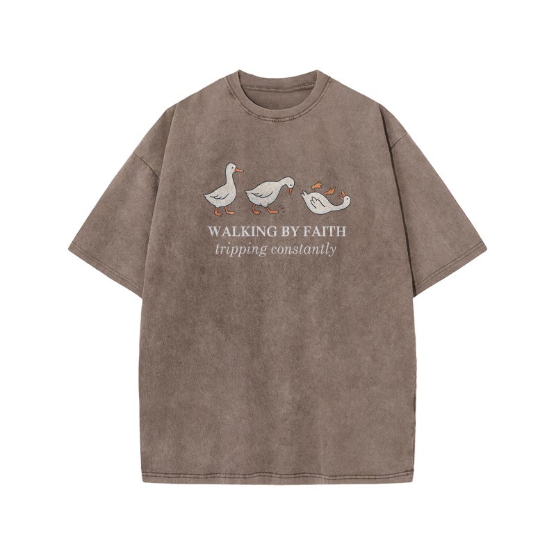 Unisex Walking By Faith Tripping Constantly Print Acid Washed T-shirt - Coffee - US20-22(3XL) - image 5