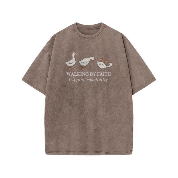 Unisex Walking By Faith Tripping Constantly Print Acid Washed T-shirt - Coffee - US20-22(3XL) - image 5