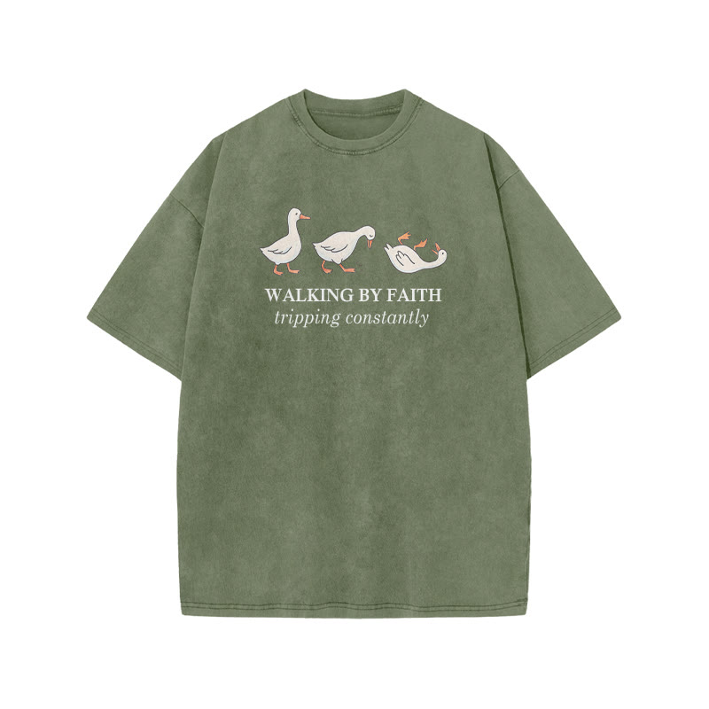 Unisex Walking By Faith Tripping Constantly Print Acid Washed T-shirt - Army Green - US20-22(3XL) - image 1