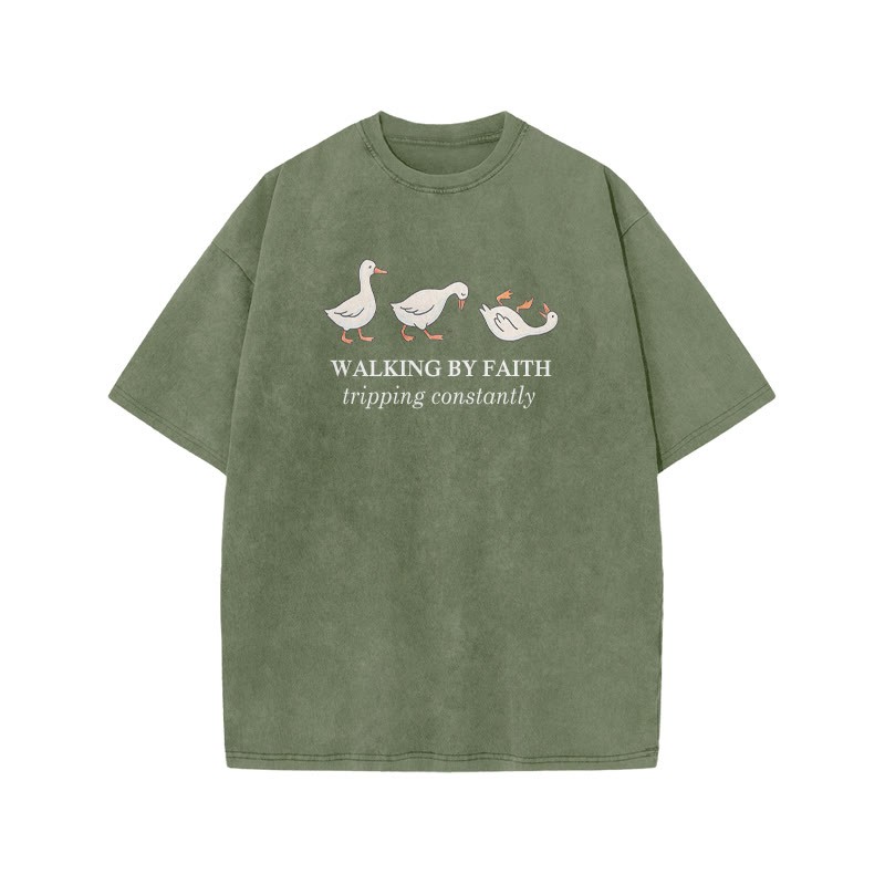 Unisex Walking By Faith Tripping Constantly Print Acid Washed T-shirt - Army Green - US20-22(3XL) - image 1