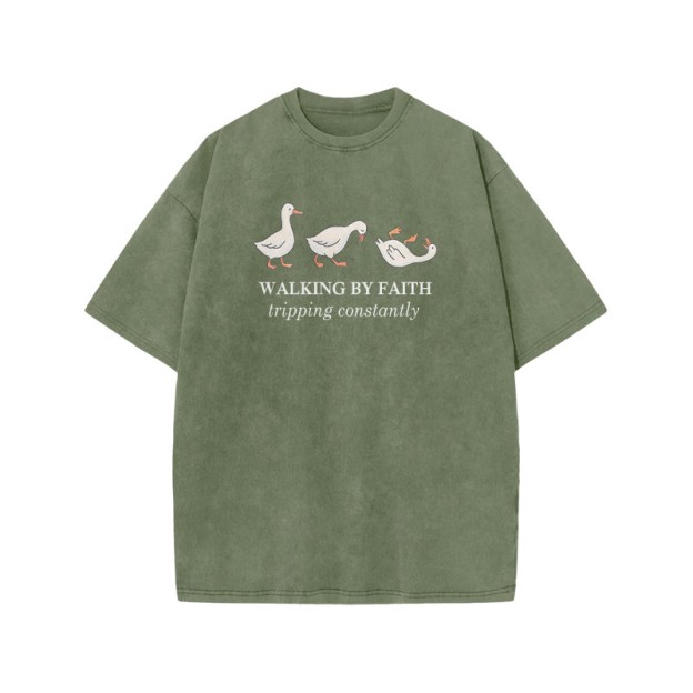 Unisex Walking By Faith Tripping Constantly Print Acid Washed T-shirt - Army Green - US20-22(3XL) - image 1