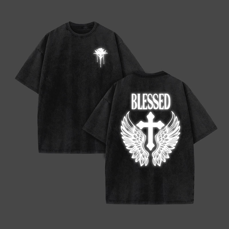Blessed Cross Reflective Print Acid Washed T-shirt - Black - US20-22(3XL) - image 2