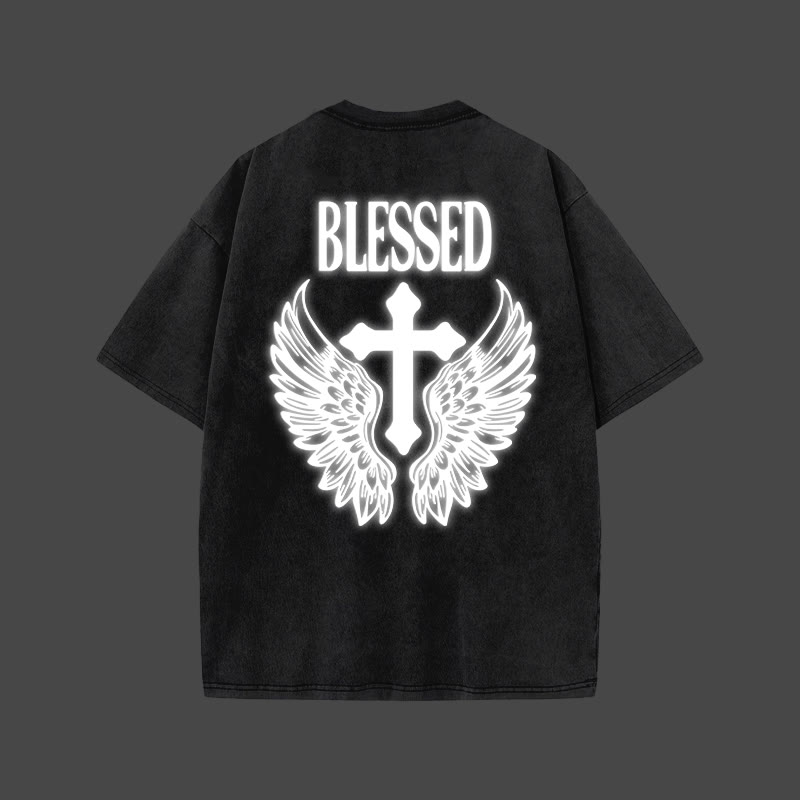 Blessed Cross Reflective Print Acid Washed T-shirt - image 1