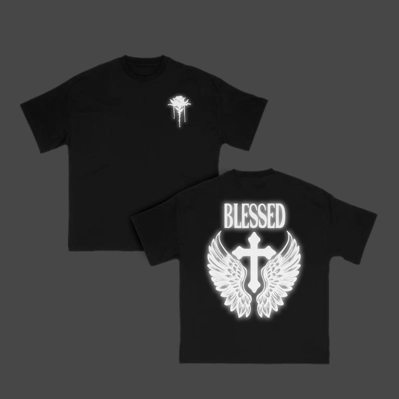 Unisex Blessed Cross Reflective Print T-shirt - Black - US16-18(2XL) - image 2