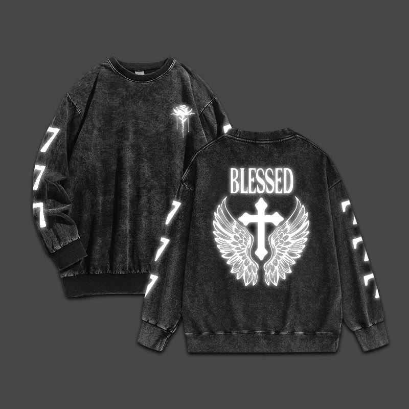Unisex Blessed Cross Reflective Print Acid Washed Sweatshirt - Black - 3XL - image 2