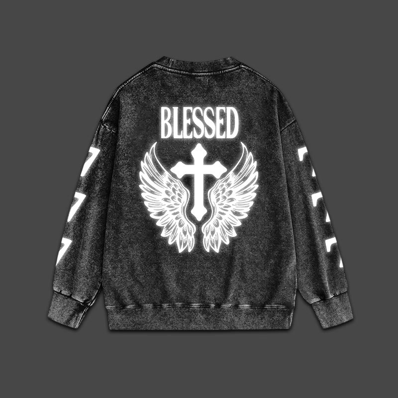 Unisex Blessed Cross Reflective Print Acid Washed Sweatshirt - image 1