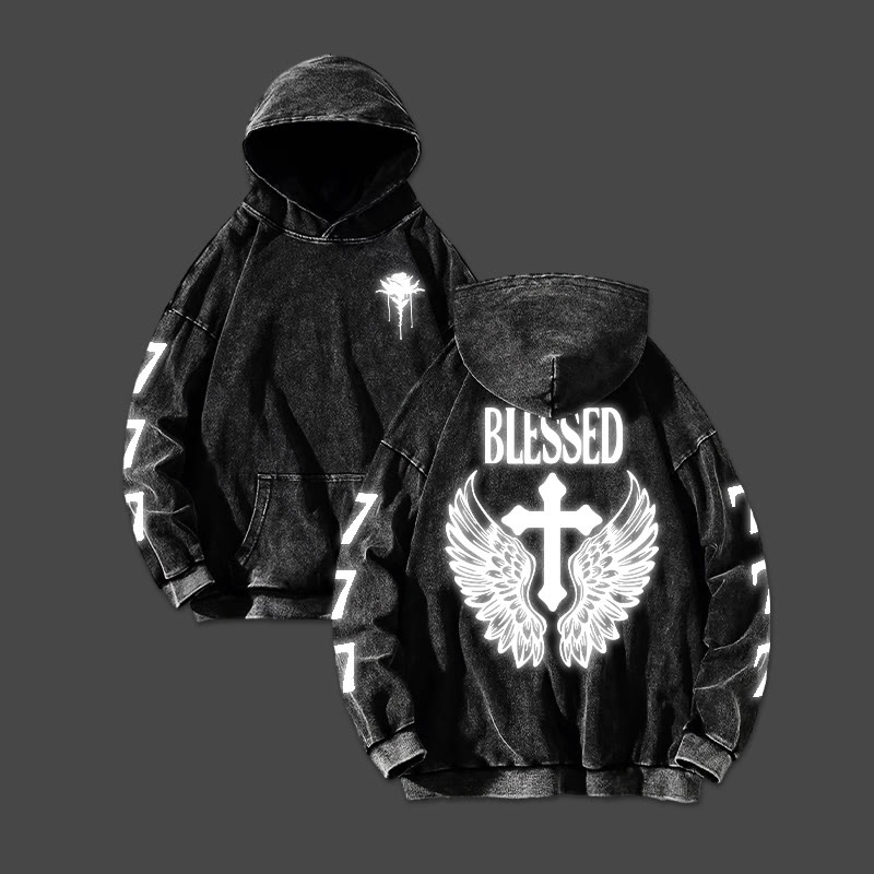 Unisex Blessed Cross Reflective Printed Washed Hoodie  - Black - US16-18(2XL) - image 2