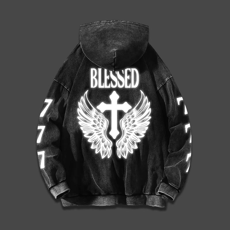 Unisex Blessed Cross Reflective Printed Washed Hoodie  - image 1