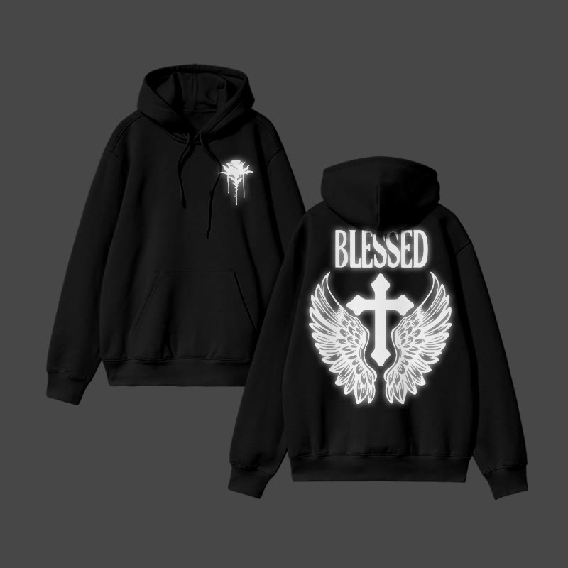 Unisex Blessed Cross Reflective Print Hoodie - Black - US16-18(2XL) - image 2