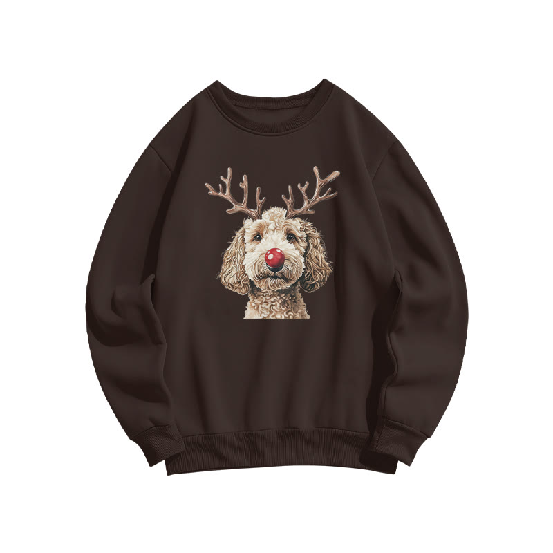 Cream-colored Poodle With Deer Antlers Print Sweatshirt - Coffee - US16-18(2XL) - image 5