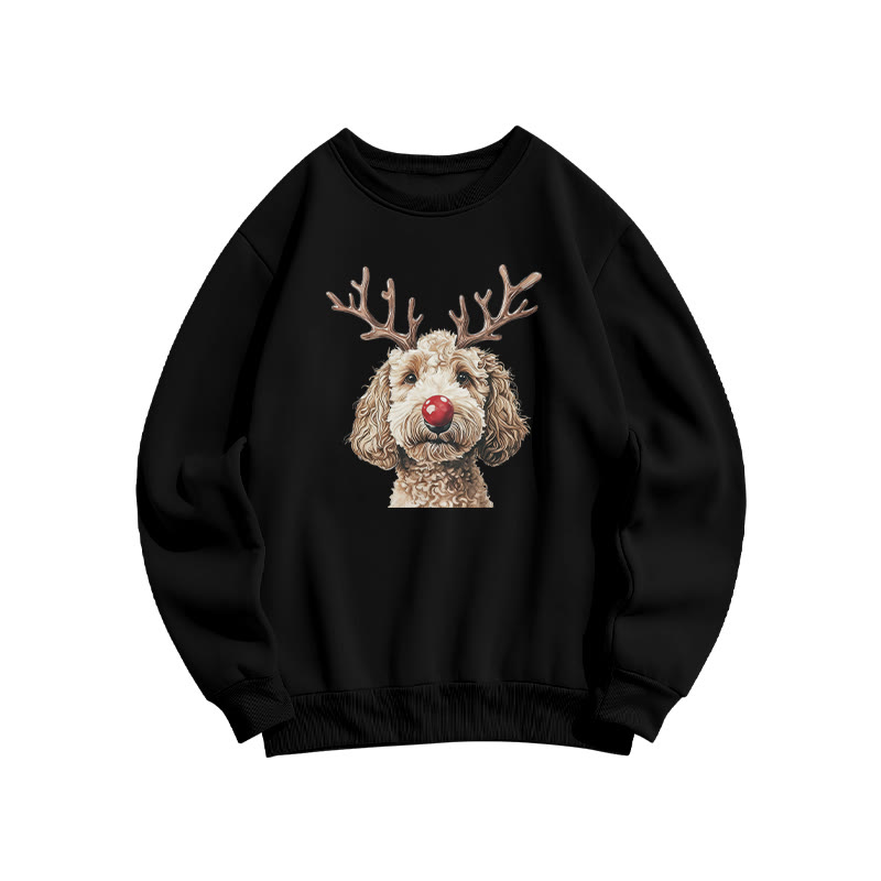 Cream-colored Poodle With Deer Antlers Print Sweatshirt - Black - US16-18(2XL) - image 2