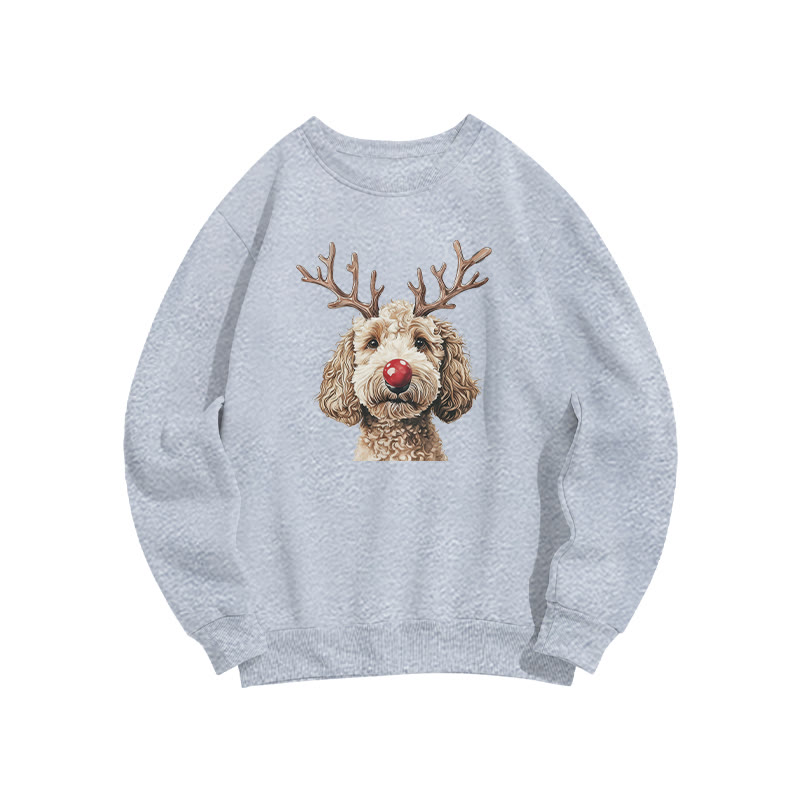 Cream-colored Poodle With Deer Antlers Print Sweatshirt - Grey - US16-18(2XL) - image 1