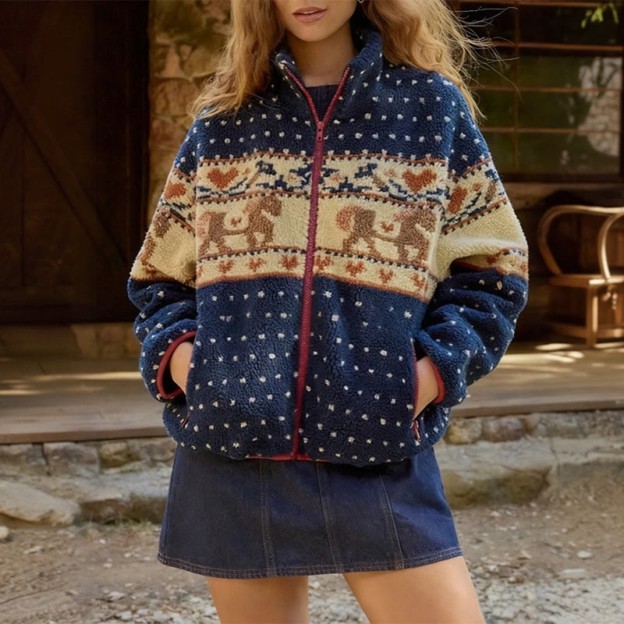 Snowflake Moose Long-sleeved Stand Collar Long-sleeved Jacket - Blue - 2XL - image 2