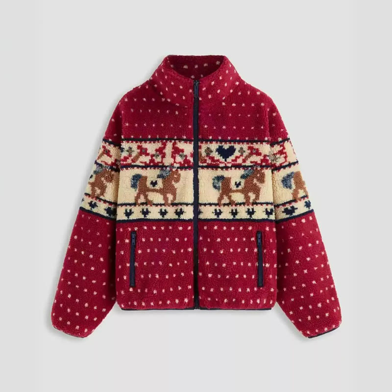 Snowflake Moose Long-sleeved Stand Collar Long-sleeved Jacket - Red - 2XL - image 1