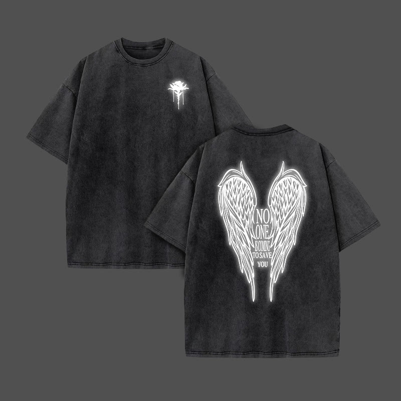 No One Is Coming To Save You Reflective Print Acid Washed T-shirt - Black - US20-22(3XL) - image 2