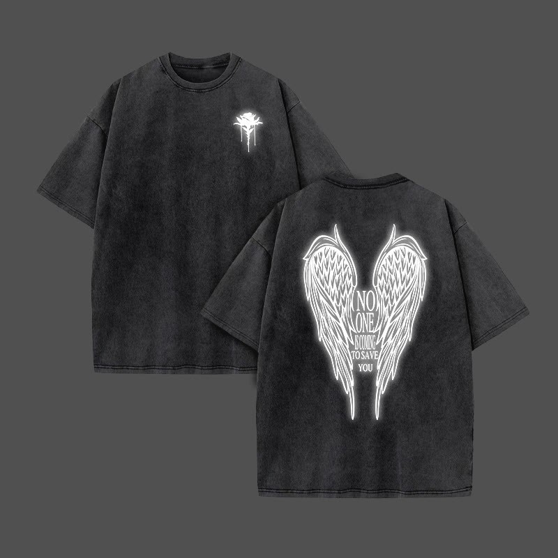 No One Is Coming To Save You Reflective Print Acid Washed T-shirt - Black - US20-22(3XL) - image 2