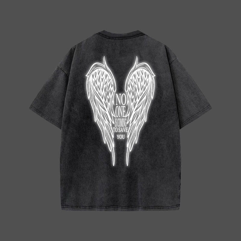 No One Is Coming To Save You Reflective Print Acid Washed T-shirt - image 1