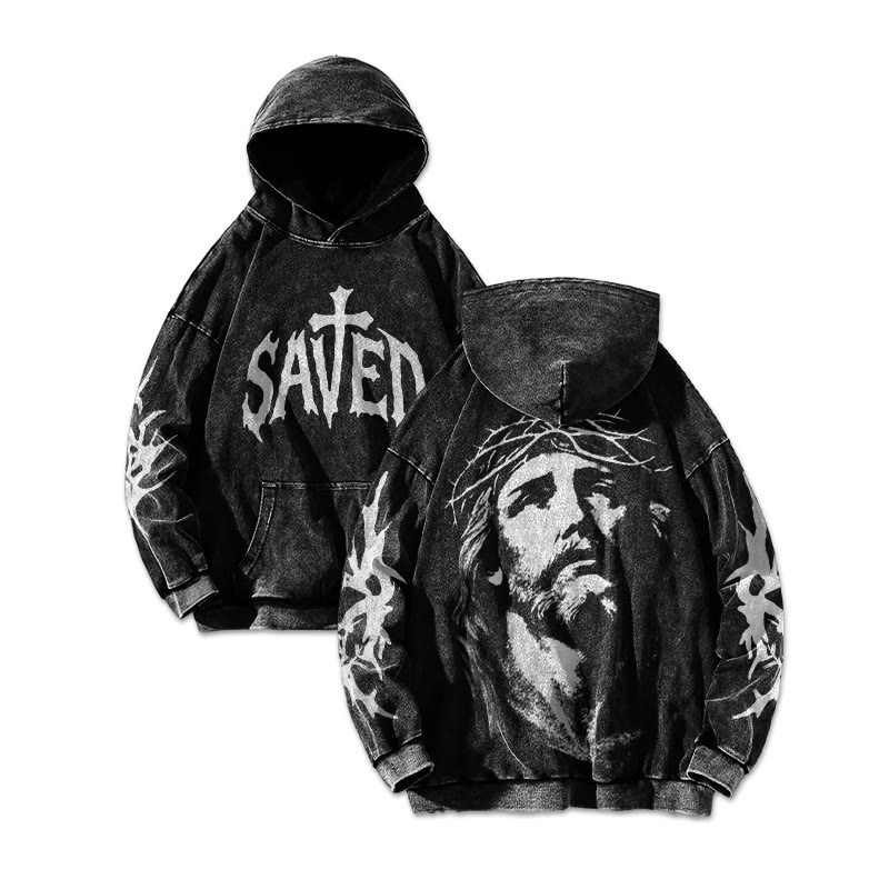 Saved Jesus Face Printed Washed Hoodie  - Black - US16-18(2XL) - image 2