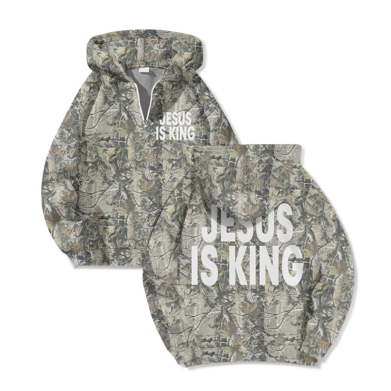 Jesus Is King Dead Leaves Camouflage Print Half Zip Hoodie - Grey - US32-34(5XL) - image 1