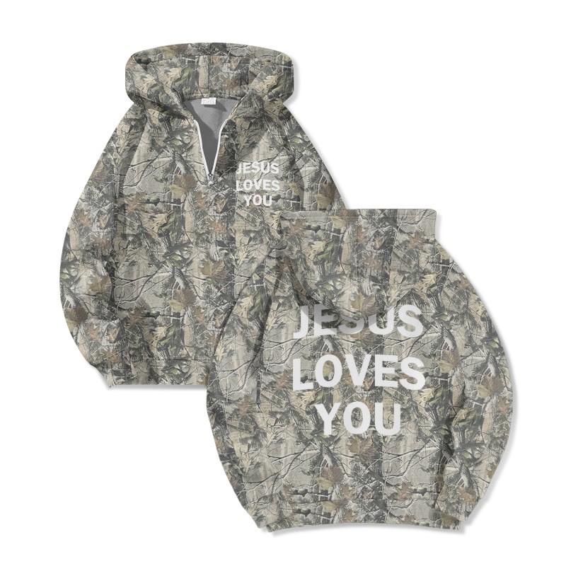 Jesus Loves You Dead Leaves Camouflage Print Half Zip Hoodie - Grey - US32-34(5XL) - image 1