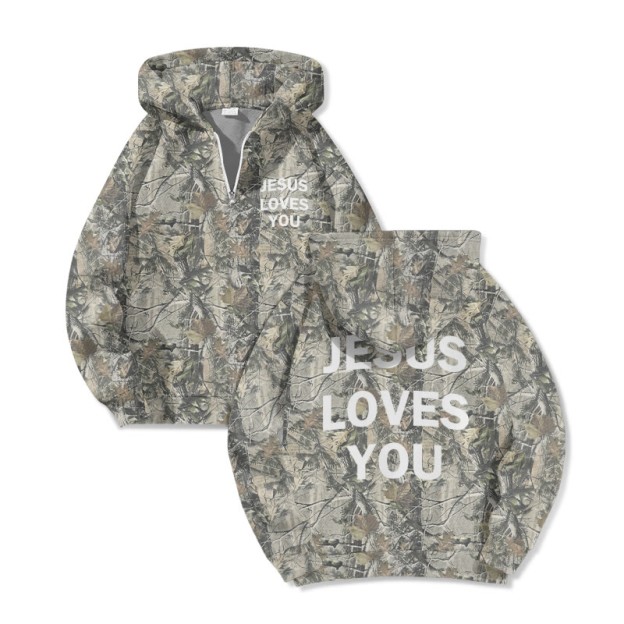 Jesus Loves You Dead Leaves Camouflage Print Half Zip Hoodie - Grey - US32-34(5XL) - image 1
